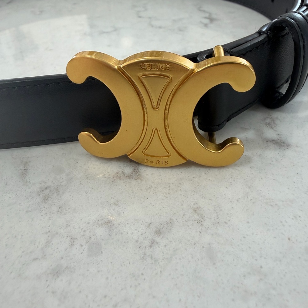 Celine Triomphe Black Leather Belt with Gold Logo Buckle Size 85